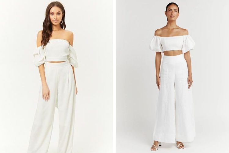 Áo trễ vai với quần ống rộng cho người lùn