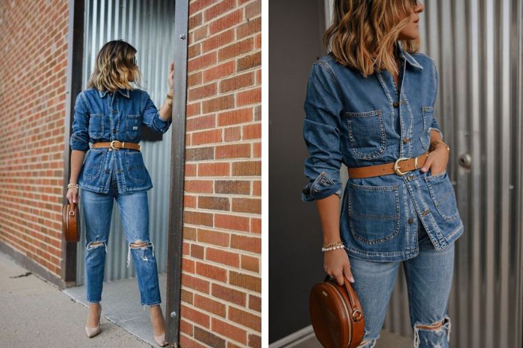 Phối túi xách nâu với trang phục denim