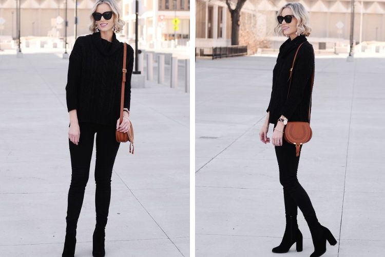 Phối túi xách màu nâu với trang phục đen