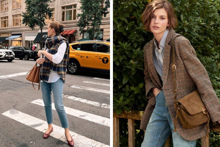 Phối túi xách nâu với trang phục họa tiết