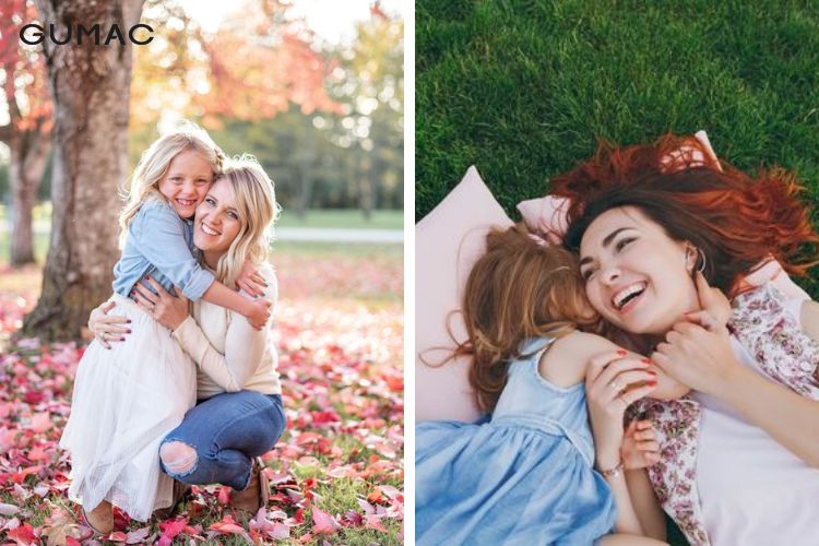 Cách tạo dáng  chụp ảnh mẹ và con gái ôm nhau cười