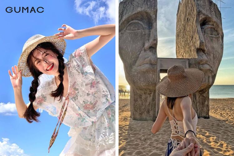 Tạo dáng chụp ảnh đi biển cho nữ với chiếc nón rộng vành