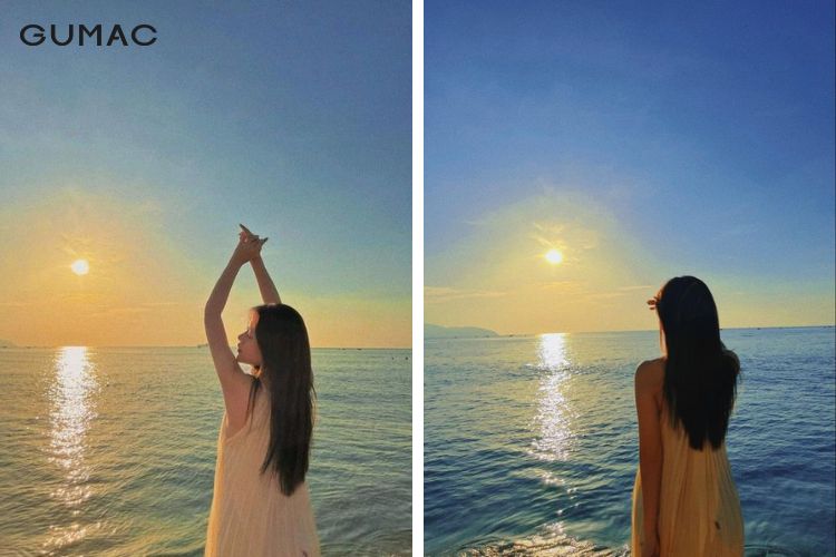 Tạo dáng chụp ảnh đón bình minh trên biển