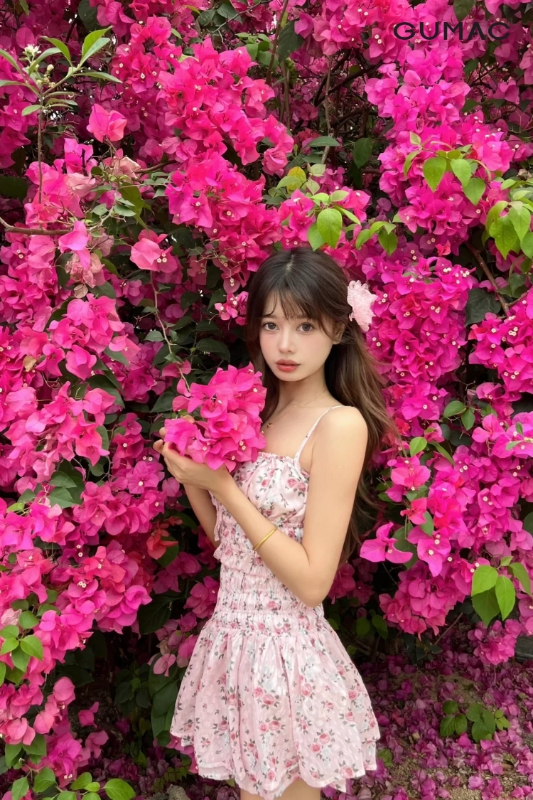 pose dang chup anh voi bo hoa giay