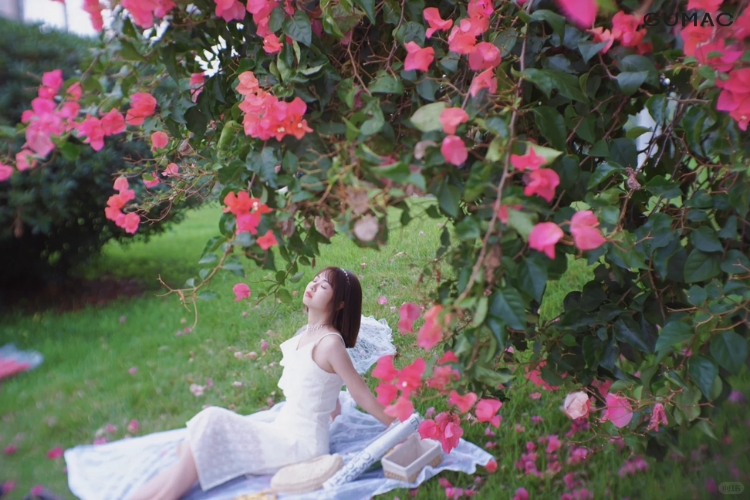 tao dang nam tren co chup anh cung hoa giay dep