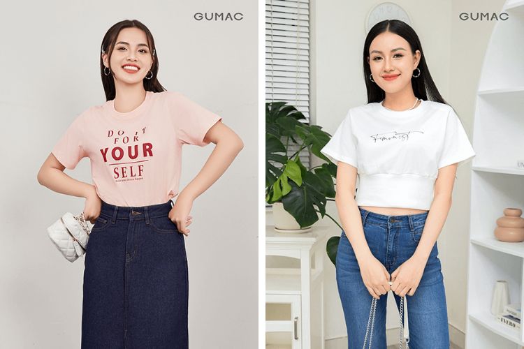 áo thun in chữ màu hồng và màu trắng