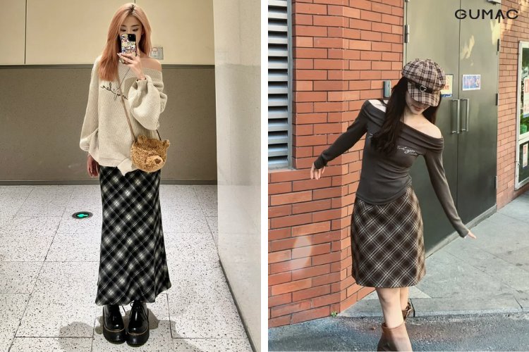 Chân váy bút chì caro phối với áo trễ vai nữ tính