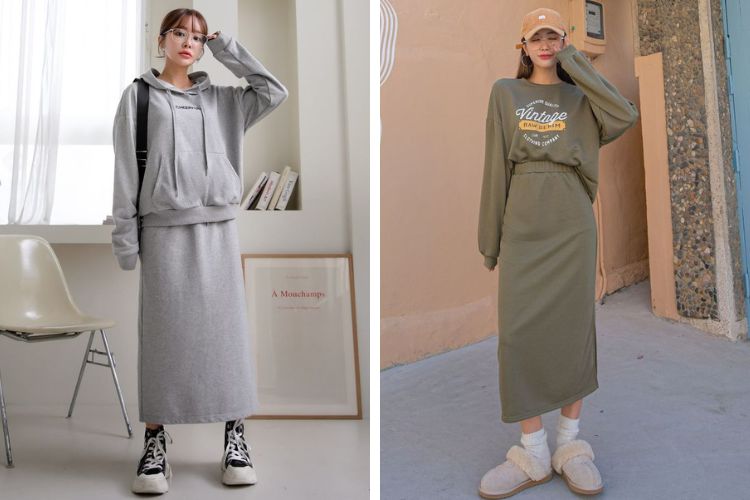 Áo hoodie phối chân váy chữ A Áo hoodie phối chân váy chữ A