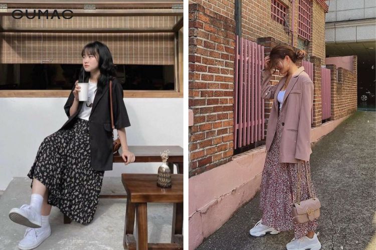 Áo blazer mix cùng chân váy hoa nhí