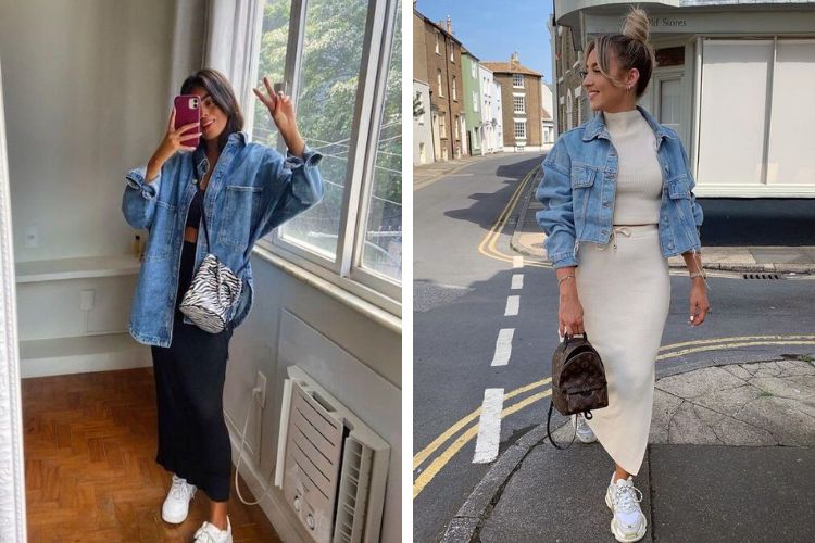 Chân váy len ôm mặc với áo denim