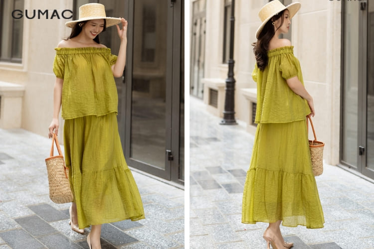 Chân váy xếp ly + áo trễ vai