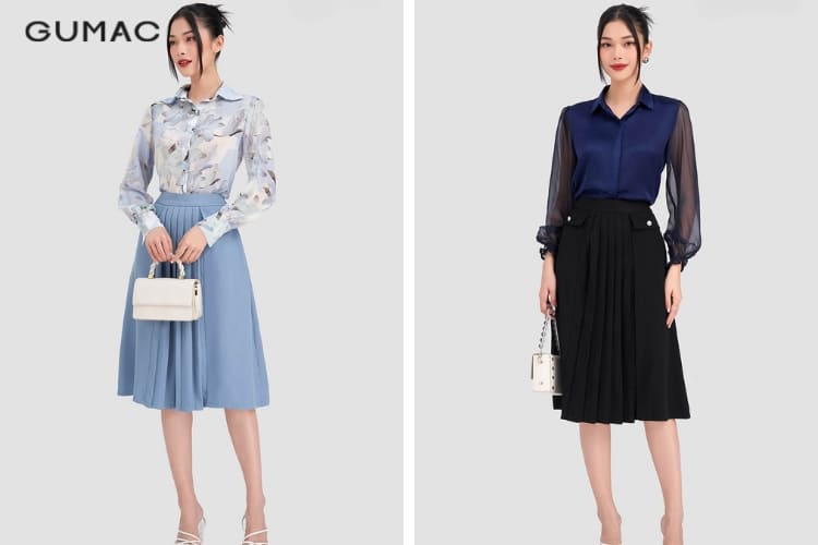 Áo sơ mi + chân váy xếp ly