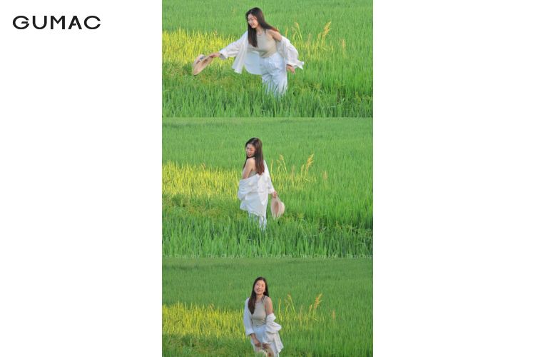 Tạo kiểu cùng cây lúa với chân váy cùng áo sơ mi