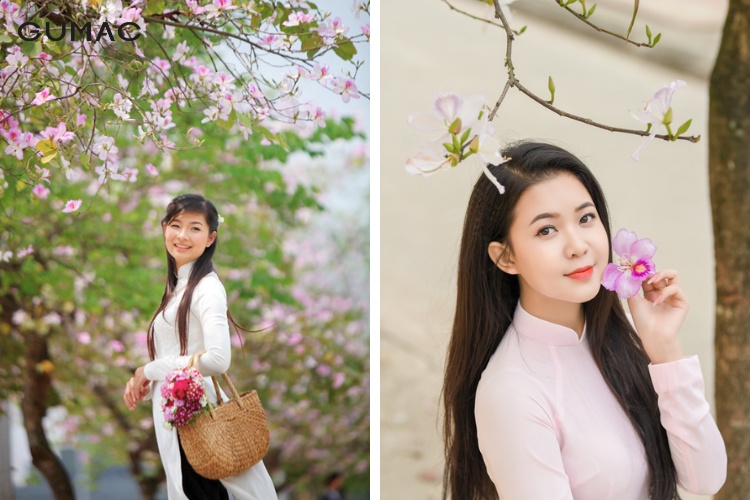 Áo dài truyền thống bên cạnh cây hoa ban