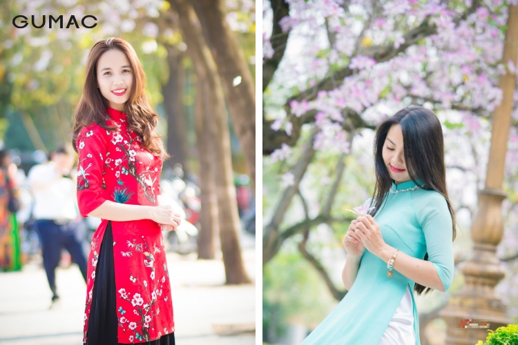 Tạo dáng cùng hoa ban với áo dài cách tân