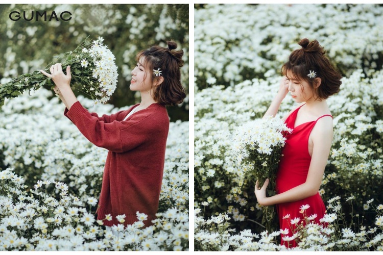 Áo sơ mi kiểu màu đỏ cùng quần tây sang trọng