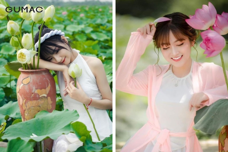 Áo yếm phù hợp để tạo dáng bên hoa sen