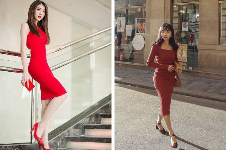 Phối màu giày tone sur tone cùng đầm đỏ