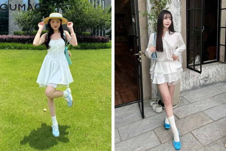 Dam mau trang va giay mau xanh duong tao nen set do doc dao