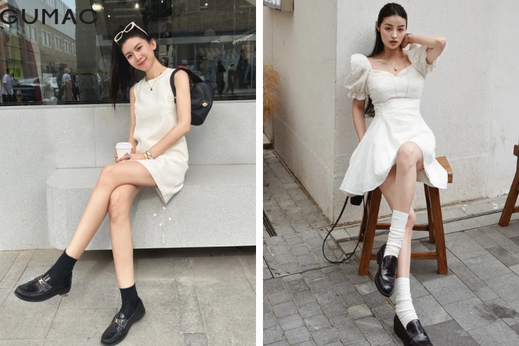 Mix giay loafer cung voi dam trang thoi thuong