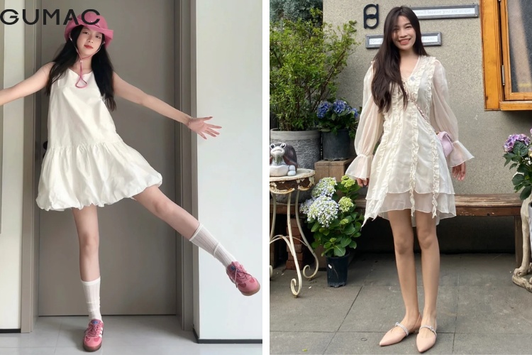 Them phan dieu da voi vay trang va giay mau hong