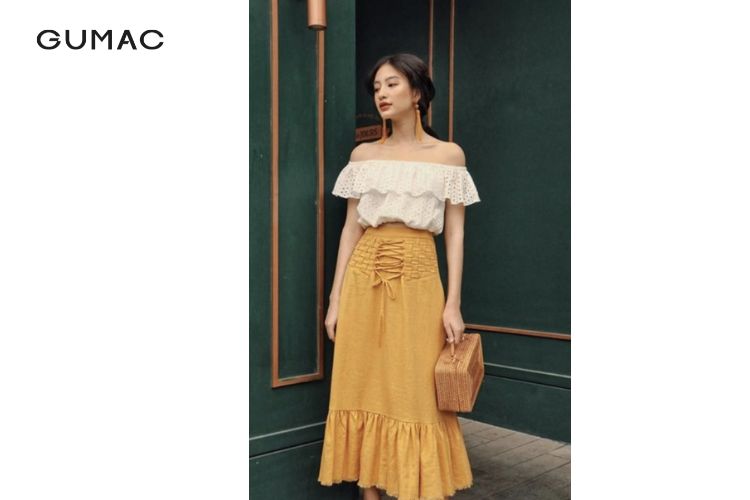 Áo trễ vai mix chân váy thướt tha