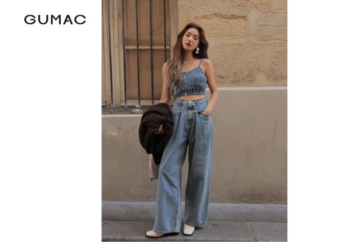 Áo croptop mix quần jean ống rộng