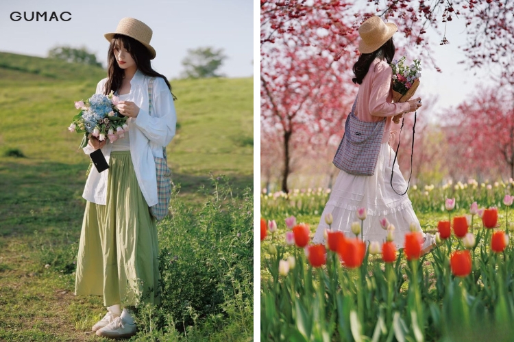 dam midi dang dai dien cung ao so mi kieu han quoc