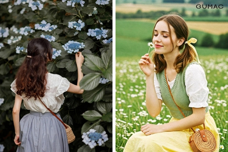 set ao blouse tay bong chan vay midi