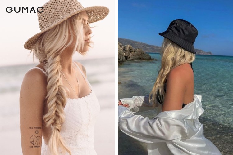 Cột tóc đi biển cùng mũ cho nữ