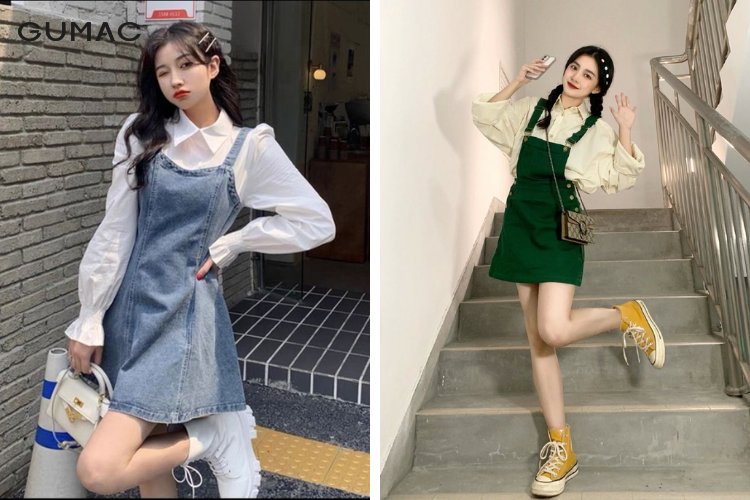 Kết hợp giày thể thao cùng váy yếm Kết hợp giày thể thao cùng váy yếm