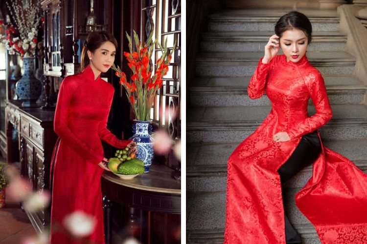 áo dài đỏ gấm