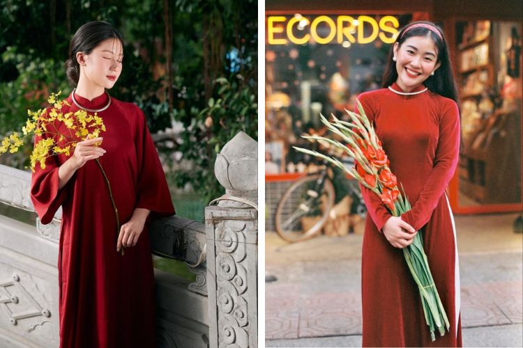 mẫu áo dài đỏ trơn