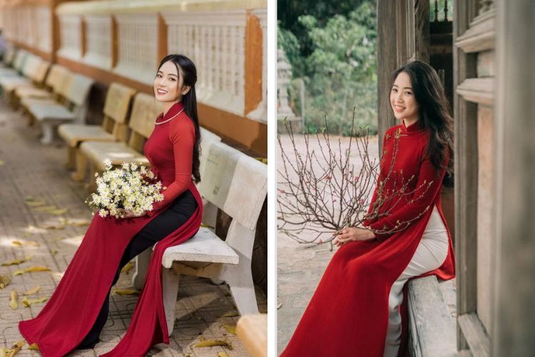 áo dài lụa tơ tằm màu đỏ với đạo cụ hoa