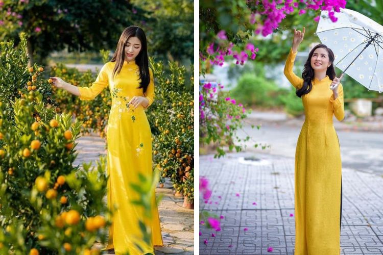 áo dài lụa tơ tằm màu vàng thêu hoa trên tà áo dài