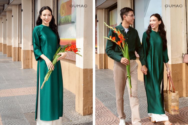 áo dài lụa tơ tằm màu xanh lá trơn