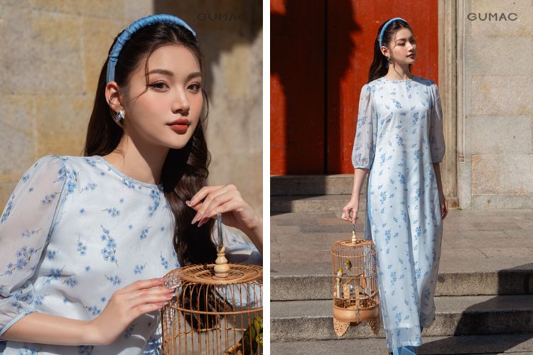 vải áo dài lụa tơ tằm màu xanh ngọc hoạt tiết hoa nhí xanh