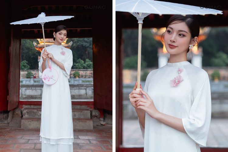 Áo dài trắng đẹp cổ tròn đơn giản