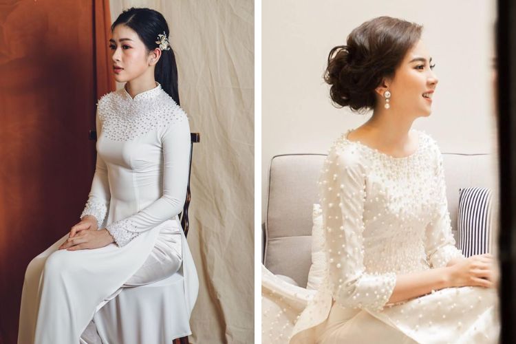 Mẫu áo dài đính ngọc trai trắng