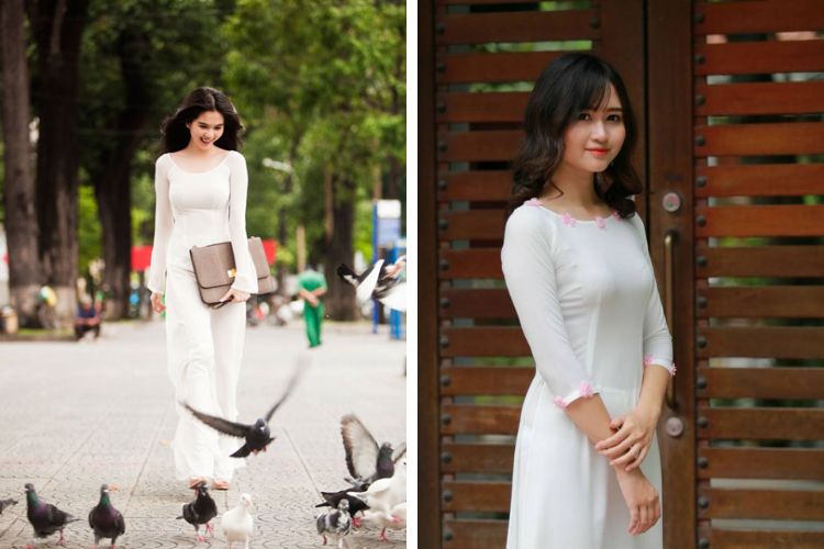 Mẫu áo dài trắng đẹp cổ thuyền nữ tính