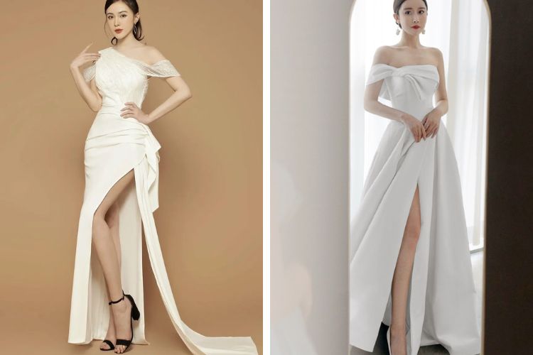 Mẫu đầm dạ hội xẻ vạt trễ vai