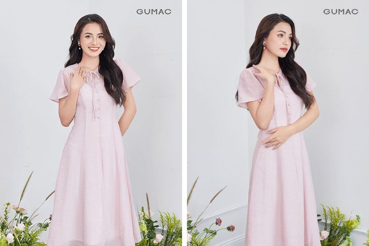 đầm hồng tơ phối nút