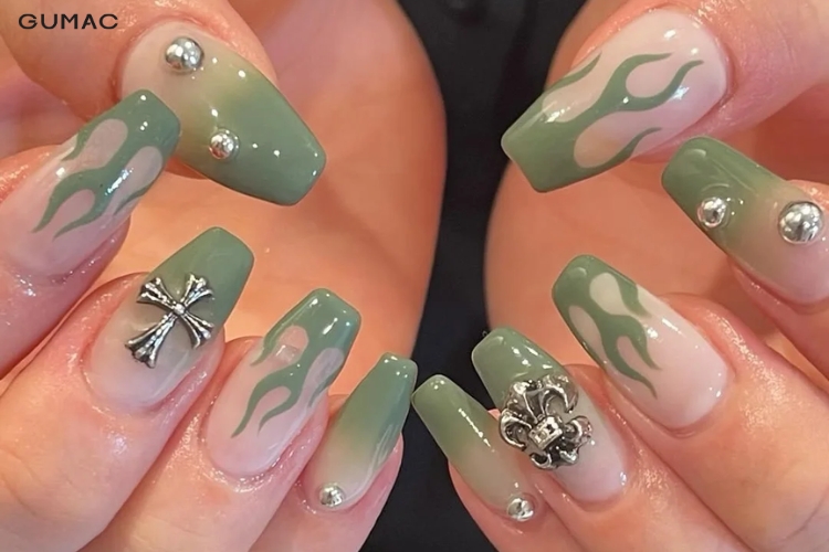 mau nail anh lua mau xanh bo dep