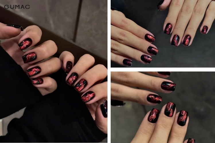 mau nail hoa tiet lua mau do den