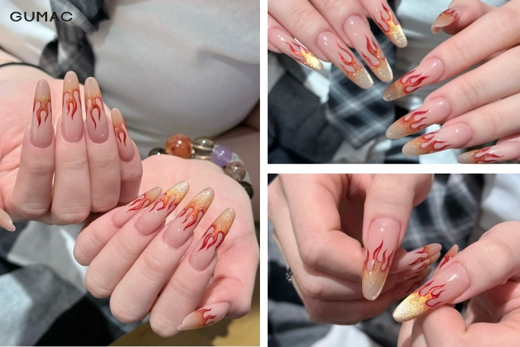 mau nail hoa tiet lua mau vang do