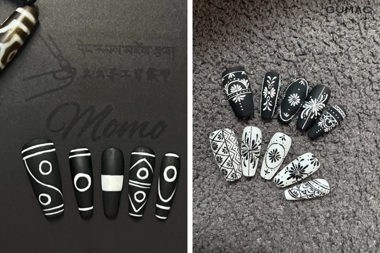 mau nail phoi den trang hoa tiet tho cam