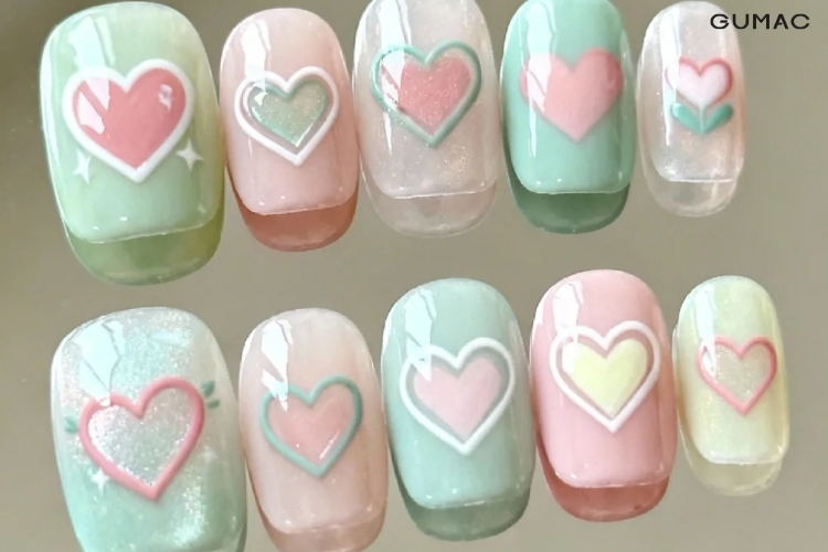 mau nail trai tim phoi nhieu mau doc dao