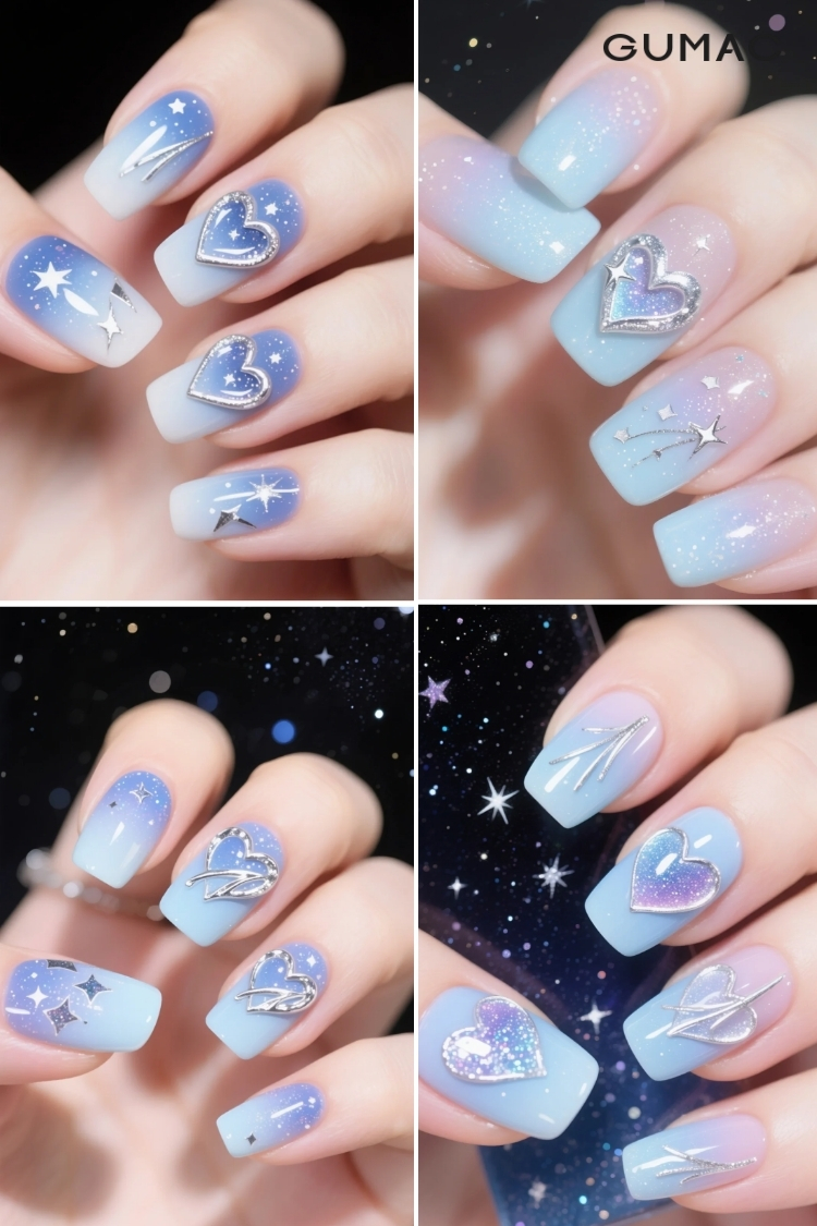 mau nail ve trai tim mau xanh