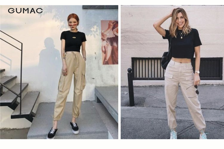 phoi ao croptop form rong voi quan kaki cao cap