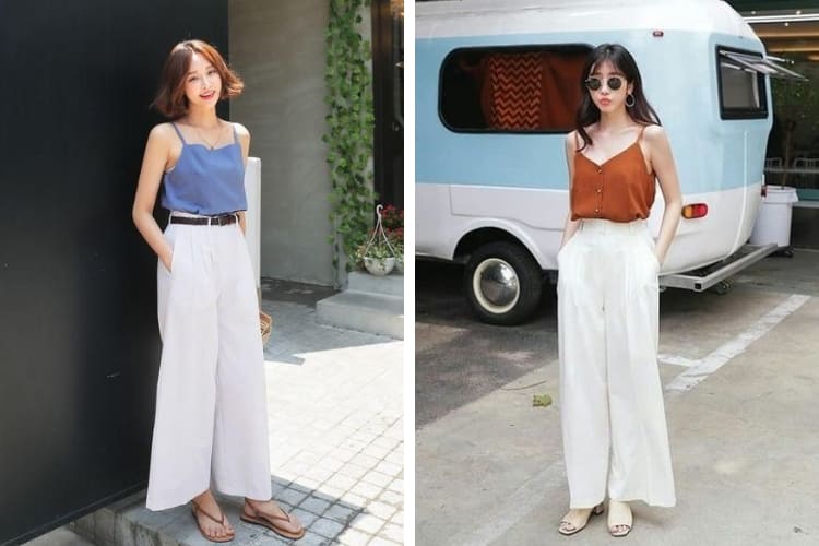 mix đồ đi biển cho người gầy với áo hai dây và quần suông rộng